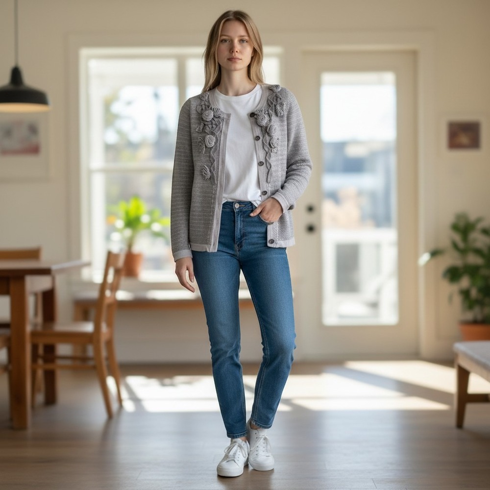 Banana Republic Light Gray Floral Appliqué Cardigan